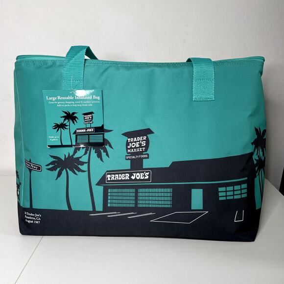 Lot 2x Trader Joe’s Large Reusable Insulated Cooler Bag Shopping Tote Teal Black - Picture 11 of 11